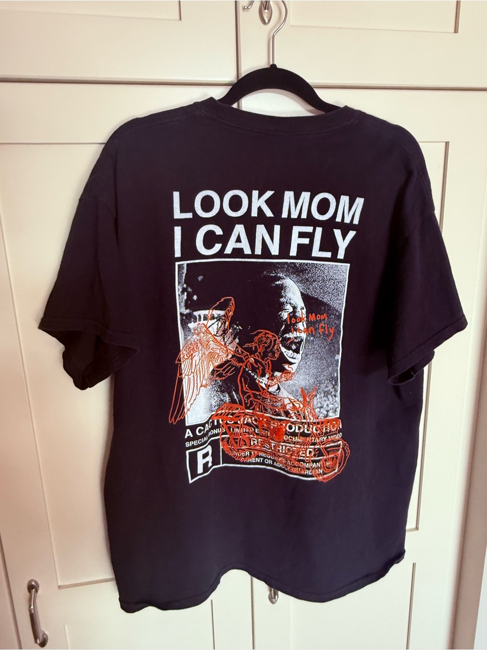 Travis Scott Black 'Look Mom I Can Fly' Graphic Tee with Orange Accents